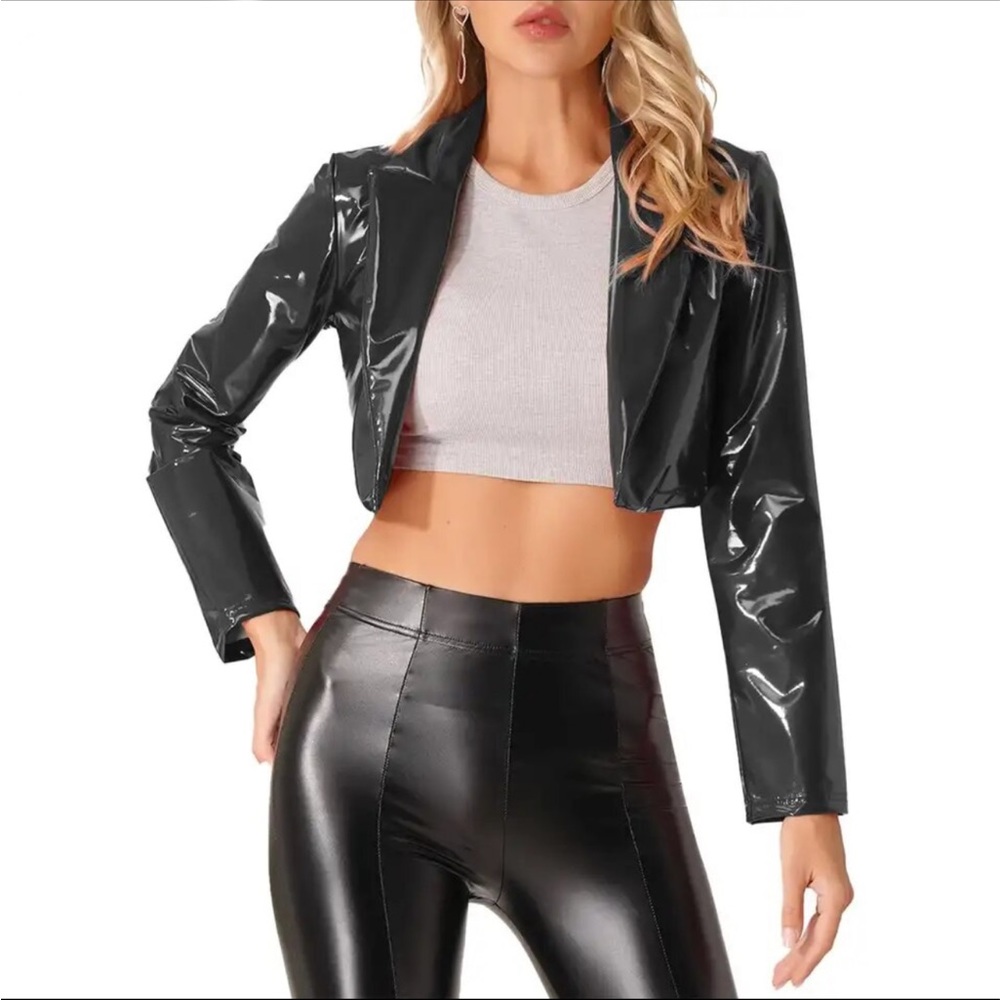 US LARGE vinyl PU PVC Black Motorcycle Jacket Wet Look.